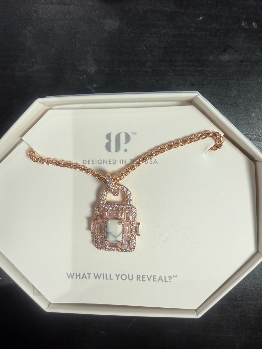 Rose Gold Padlock Pendant Necklace with Clear Crystals